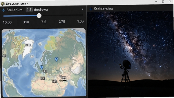 虚拟天文馆(Stellarium)时间与地点穿越功能演示,界面显示时间滑块与地图选点,星空随设定变化
