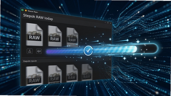 展示Stepok RAW导入器极速批量导入过程的动态效果图,画面中有多个RAW文件正在被快速扫描和加载,进度条飞速前进,背景为高速数据流动的科技感视觉元素,强调软件无与伦比的导入速度。