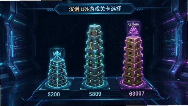汉诺塔游戏关卡选择界面,显示不同层数的难度分级,背景科技感十足