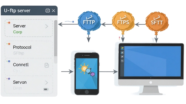 U-ftp server��Э������ʾ��ͼ������Ƿ�����������壬�Ҳ����ֻ��͵��Կͻ���ͬʱ���ӣ���ʾFTP��FTPS��SFTP����Э���ʶ����ƽ���廭���ɫ����������