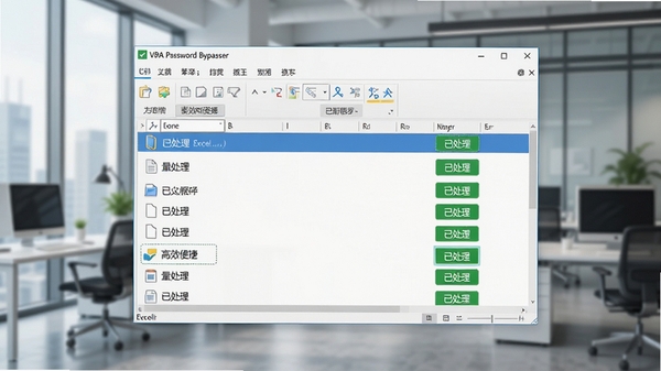 չʾVBA Password Bypasser�����������Excel�ļ��Ľ��棬�ļ��б�������ʾ���Ѵ�����״̬������Ϊ�ִ��칫�ң�ͻ����Ч��ݡ�