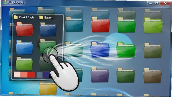windows7彩色文件夹一键换色功能演示,鼠标点击颜色面板,文件夹图标瞬间变为红色、蓝色、绿色等多种色彩,动态效果流畅,界面简洁。