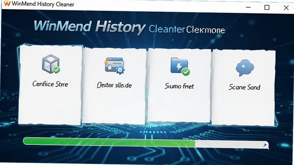 WinMend History Cleaner软件主界面截图,展示简洁的清理选项和扫描进度条,背景为深蓝色科技感风格,软件名称清晰可见