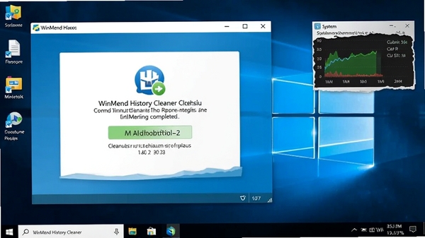 WinMend History Cleaner在Windows系统上运行时的背景截图,桌面整洁,软件窗口显示清理完成状态,旁边有系统性能监控小部件,整体氛围专业