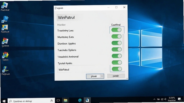 WinPatrol设置界面,展示各种监控选项的开关,背景为Windows桌面
