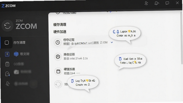 ZCOM杂志订阅器设置界面,展示缓存清理和硬件加速选项,配以提示气泡,风格简洁,分辨率1920x1080