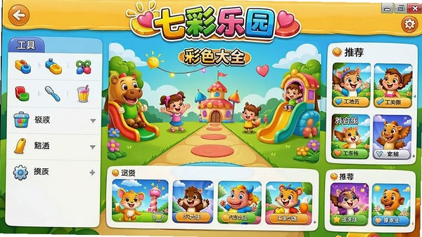 七彩乐园电脑版主界面截图,展示游戏大厅、工具分类和推荐内容,色彩明亮,界面友好