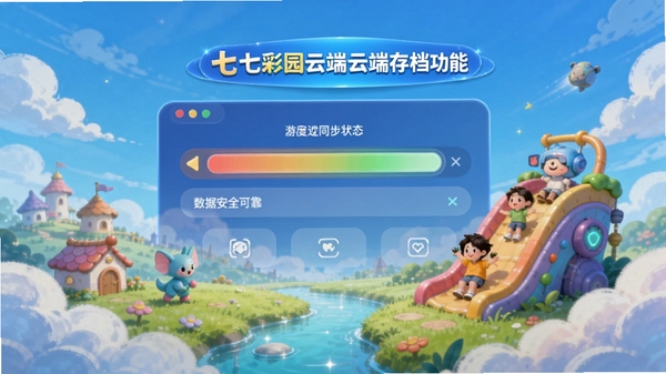 七彩乐园云端存档功能界面,展示游戏进度同步状态,数据安全可靠