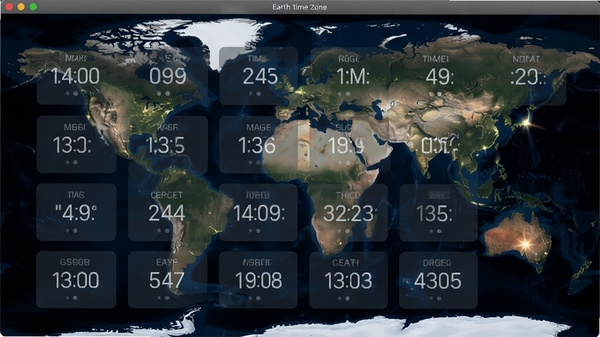 ����ʱ��(Earth time zone)����������չʾ����ʱ��ʱ�俨Ƭ�������У�����Ϊ��̬�����ͼ����ӰЧ�����棬�������ִ���࣬������Ⱦ