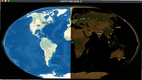 ����ʱ��(Earth time zone)�����������ͼ����ģʽ����������������ʾ��ҹ�ֽ��ߣ�������ҹ��������ɫ�Ա����ԣ��������Ʊ�ǩ�����ɼ����Ӿ�Ч����