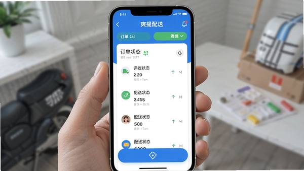爽提配送APP主界面展示图,展示订单列表、配送状态和导航按钮,界面清爽,蓝色主题色调