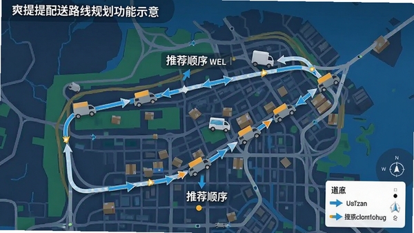 爽提配送路线规划功能示意,显示地图上的多个配送点连线,标注推荐顺序,车辆图标沿路线移动