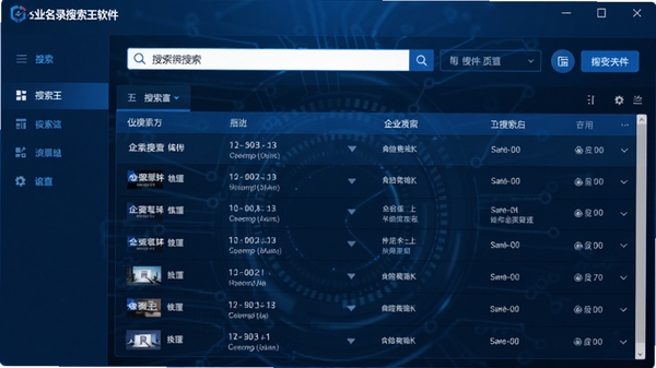 企业名录搜索王软件主界面截图,展示搜索框和结果列表,科技感蓝色调,高清清晰