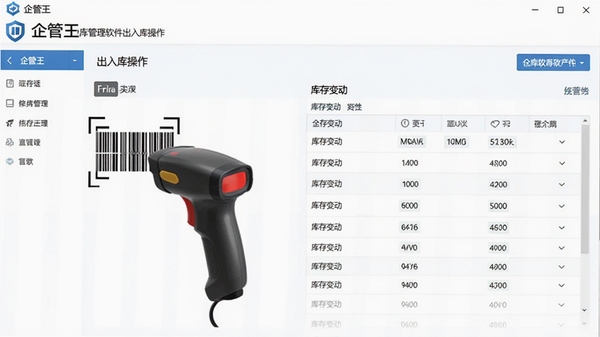 企管王仓库管理软件出入库操作界面,显示扫码枪录入和库存变动列表,界面清爽专业