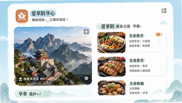 爱华阴app旅游指南页面,展示华山美景图、美食推荐列表,风格清新,富有吸引力