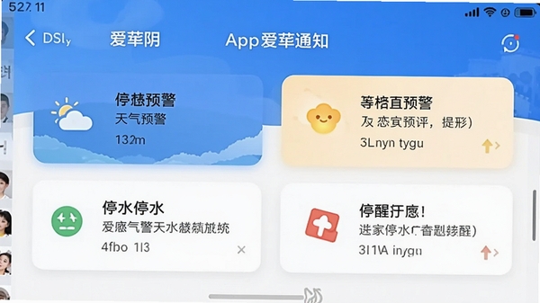 爱华阴app消息通知界面,展示天气预警、停水停电等提醒卡片,设计简洁直观