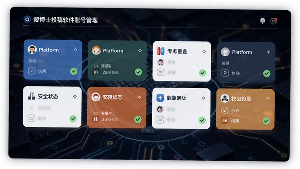 ɵ��ʿͶ�������˺Ź���ҳ�棬��ʾ���ƽ̨�˺ſ�Ƭ�밲ȫ״̬��ʶ����ɫ�����Ƽ���