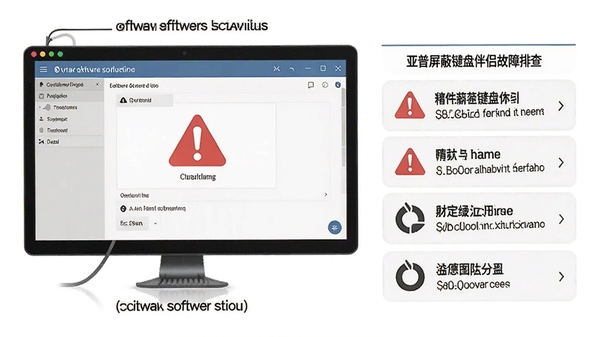 亚普屏蔽键盘伴侣故障排查示意图,显示软件设置界面,带有警告图标和解决方案列表