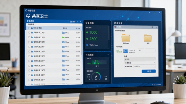 共享卫士软件主界面截图,展示文件共享列表、设备连接状态与传输速度监控面板,界面简洁清晰,蓝色科技感设计风格,电脑屏幕前展示文件夹共享与权限设置窗口,背景为办公环境,光线明亮,高清渲染