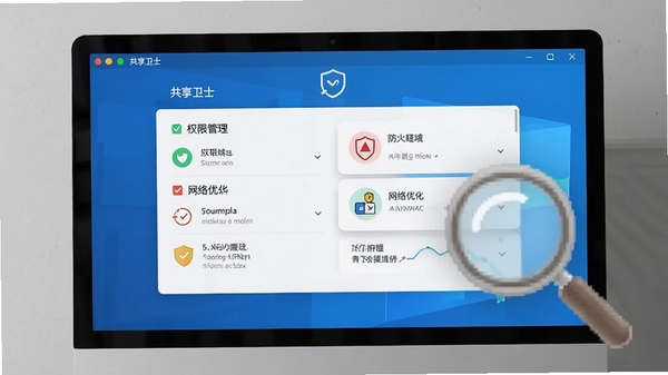 共享卫士设置界面截图,展示权限管理、防火墙与网络优化选项,电脑屏幕前有放大镜图标,背景为浅灰色墙壁,光线柔和,高清渲染