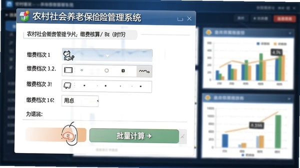 农村社会养老保险管理系统缴费核算界面,显示缴费档次选择和批量计算按钮,背景有数据图表