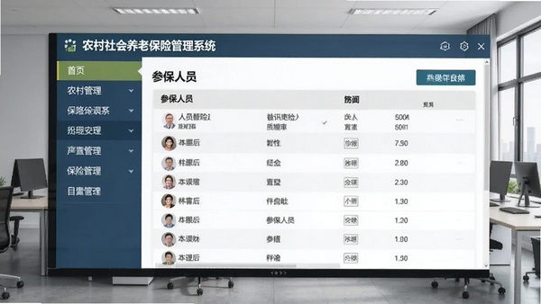 农村社会养老保险管理系统主界面截图,展示清晰的导航菜单和参保人员列表,背景为现代办公环境