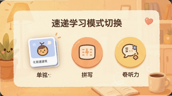 �����ٵ�ѧϰģʽ�л����棬չʾ������ƴд��������ͼ�꣬��������ůɫ����Ӫ����������ѧϰ��Χ