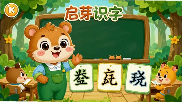启芽识字儿童卡通界面,可爱动物老师与汉字卡片,色彩明快,背景为森林教室
