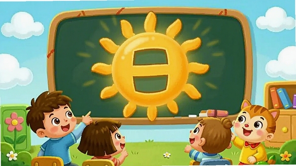启芽识字动画教学场景,太阳从“日”字变形而来,卡通风格,色彩鲜艳,儿童友好