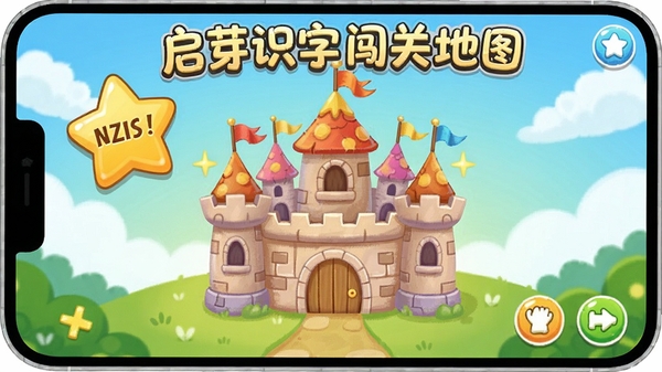 启芽识字闯关地图,星星奖励,卡通城堡,游戏界面,儿童学习软件风格