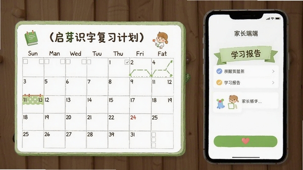 启芽识字复习计划表,日历提醒,学习报告,家长端界面,简洁清晰