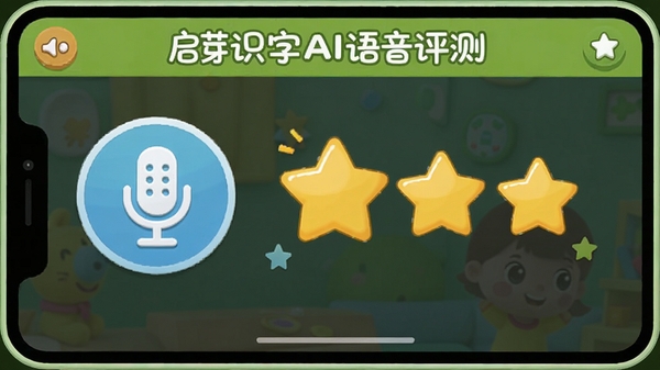 启芽识字AI语音评测界面,麦克风图标,发音评分星星,卡通风格