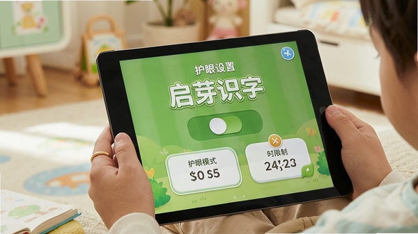 启芽识字家长设置界面,护眼模式开关,使用时长限制,平板电脑使用场景