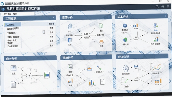 品茗胜算造价计控软件主界面截图,展示工程概览、清单计价、成本分析等核心功能模块,界面清晰专业,背景为现代建筑蓝图风格