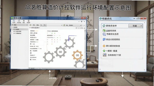 品茗胜算造价计控软件运行环境配置示意图,显示系统设置界面与性能优化选项