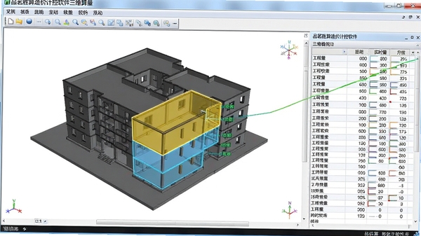 品茗胜算造价计控软件三维算量界面,显示建筑模型与工程量统计表格,模型高亮显示构件,数据实时联动