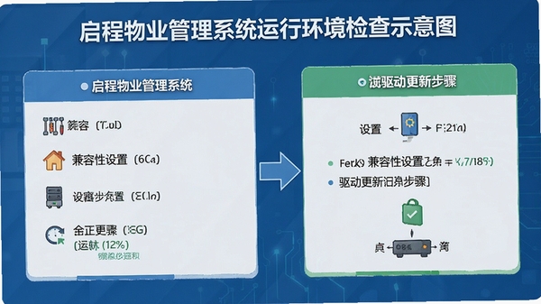 启程物业管理系统运行环境检查示意图,显示兼容性设置和驱动更新步骤