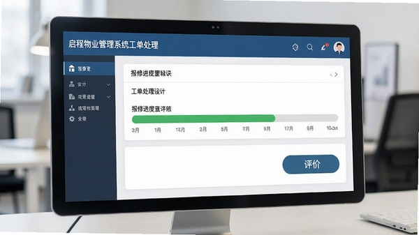启程物业管理系统工单处理流程界面,显示报修进度条和评价按钮