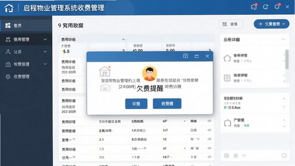 启程物业管理系统收费管理界面,显示费用明细和欠费提醒弹窗