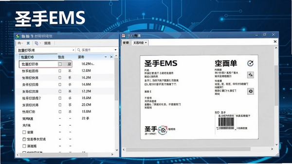 圣手EMS快递单包裹单打印软件主界面截图,展示批量打印列表与快递面单预览,风格简洁专业,蓝色科技感背景,软件名称清晰可见