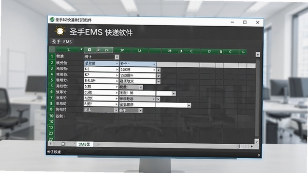圣手EMS快递单打印软件批量导入Excel表格界面,显示数据映射字段,背景为浅灰色办公环境,软件界面高亮显示