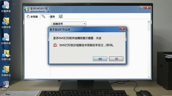 圣手EMS打印软件故障排查示意图,界面显示错误提示对话框,背景为电脑桌面,风格写实