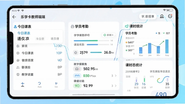 һ��չʾ��ѧ����ʦ��APP�����湦�ܵĽ�ͼ������������ʾ���տα���ѧԱ���ںͿ�ʱͳ�ƵȺ���ģ�飬���������������Ƽ���ǿ��ͻ����ѧ�����ı����