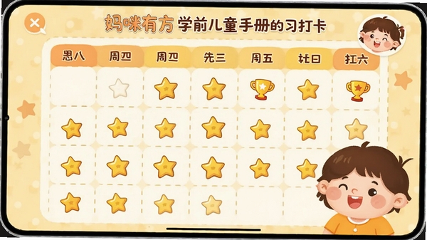 �����з�ѧǰ��ͯ�ֲ��ϰ�ߴ򿨽��棬��ʾһ�ܴ����������������Ǻͽ���ͼ�꣬����ͷ���ĵ�Ц�ţ���ɫ��ů