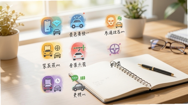 网约车考试助手题库分类列表,彩色图标区分不同模块,背景为书桌与笔记本,明亮整洁