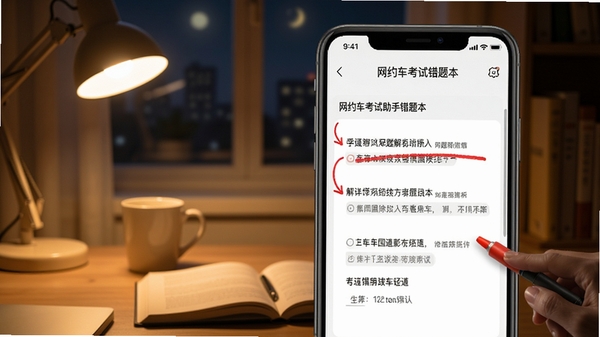 网约车考试助手错题本界面,红笔标记错题解析,背景为夜间学习场景,温馨安静
