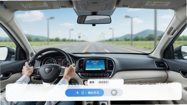 网约车考试助手APP界面截图,展示题库练习与模拟考试功能,背景为驾驶座视角,色调清新专业