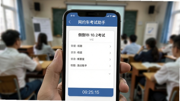 网约车考试助手模拟考试界面,手机屏幕上显示答题卡与倒计时,背景为考场环境,风格写实