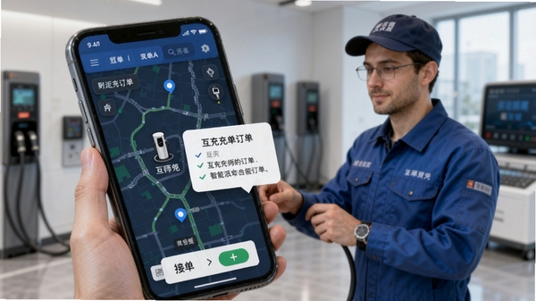 互充充师傅端智能派单功能演示,手机地图上显示附近充电桩订单弹窗,师傅点击接单按钮