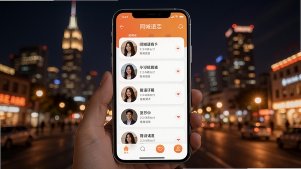 同城语恋聊天app界面展示,现代风格,手机屏幕显示附近的人列表,背景为城市夜景,色彩明亮温暖
